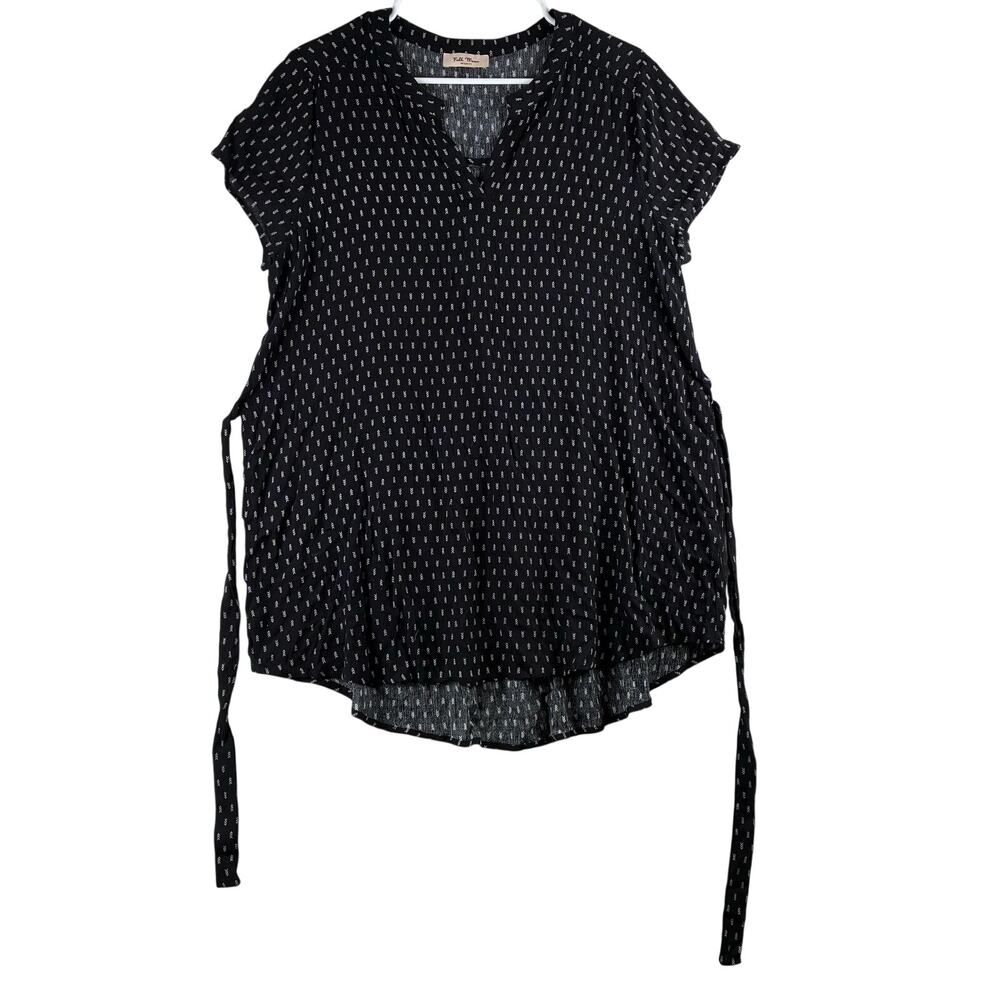 Full Moon Maternity Short Sleeve Split Neck Blouse Womens Medium Black Tie Waist